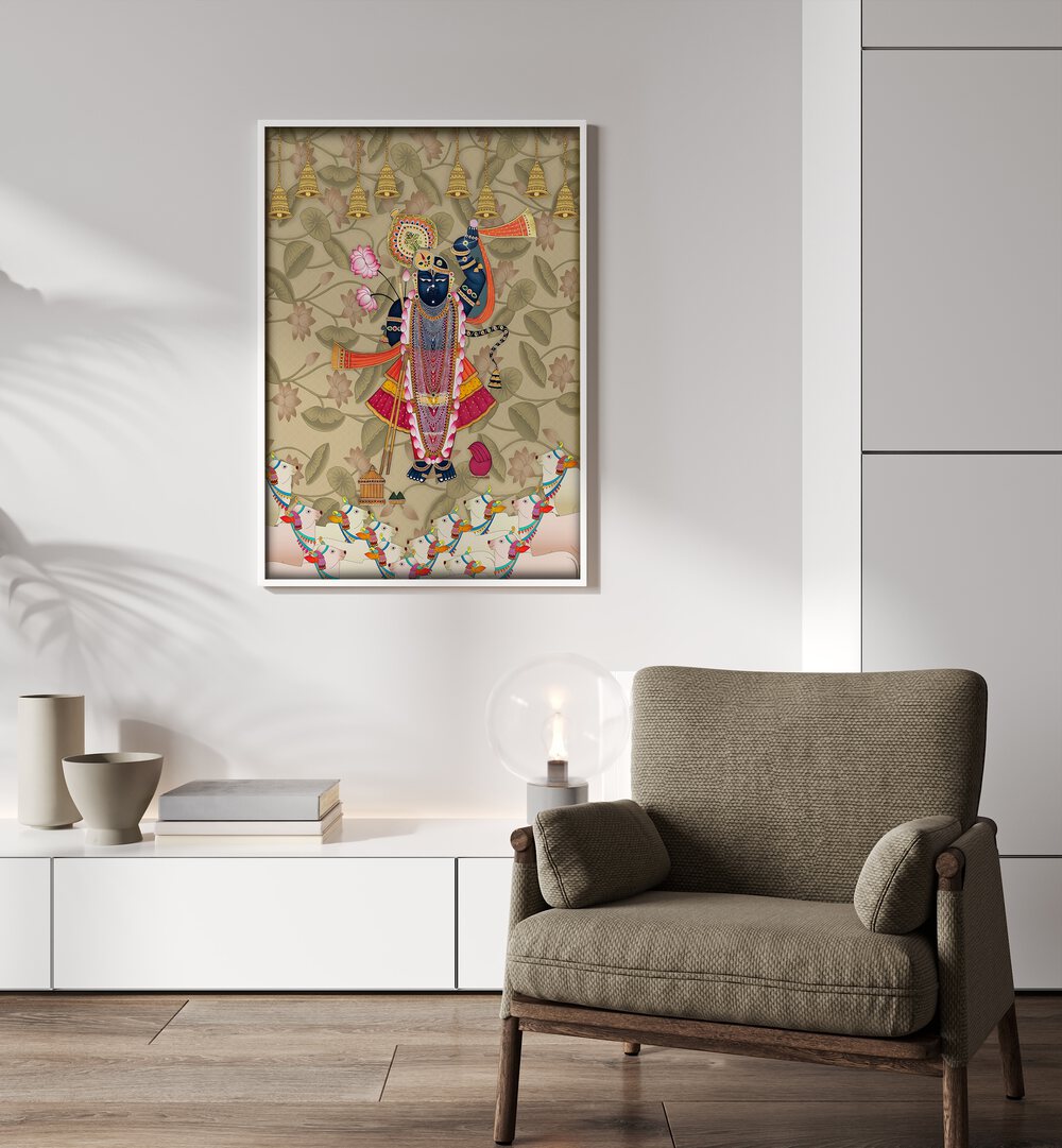 Shrinathji's Embrace Indian Art Painting Artwork in White Plain Frame placed on a White Wall in the drawing Room