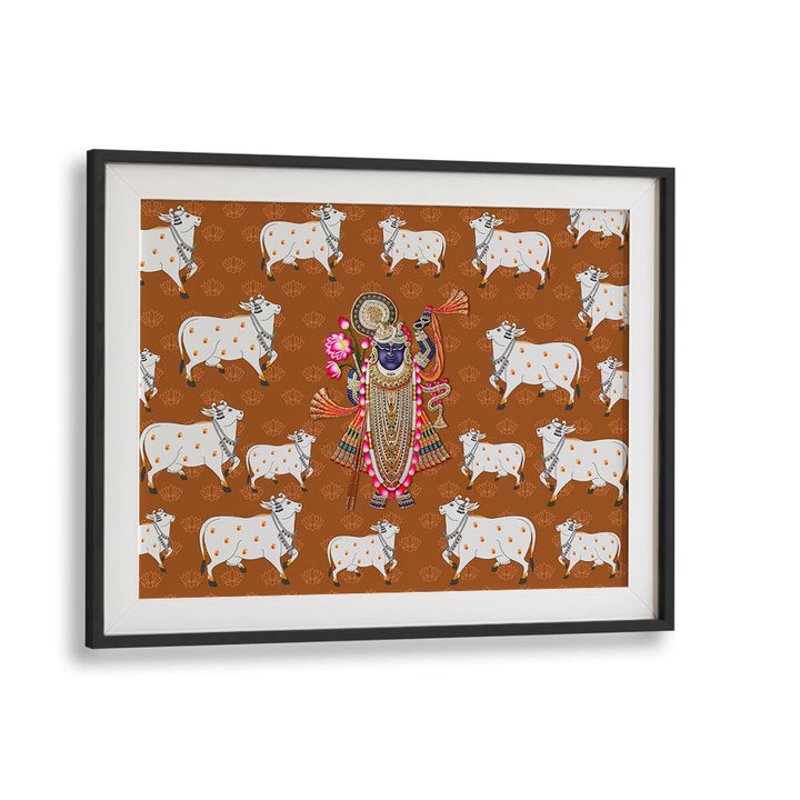 Shrinathji's Grace And Sacred Cow Indian Art Painting Artwork in Black Frame With Mount