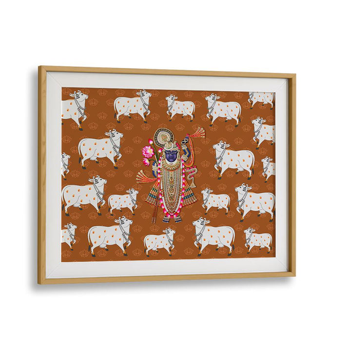 Shrinathji's Grace And Sacred Cow Indian Art Painting Artwork in Oak Wood Frame With Mount