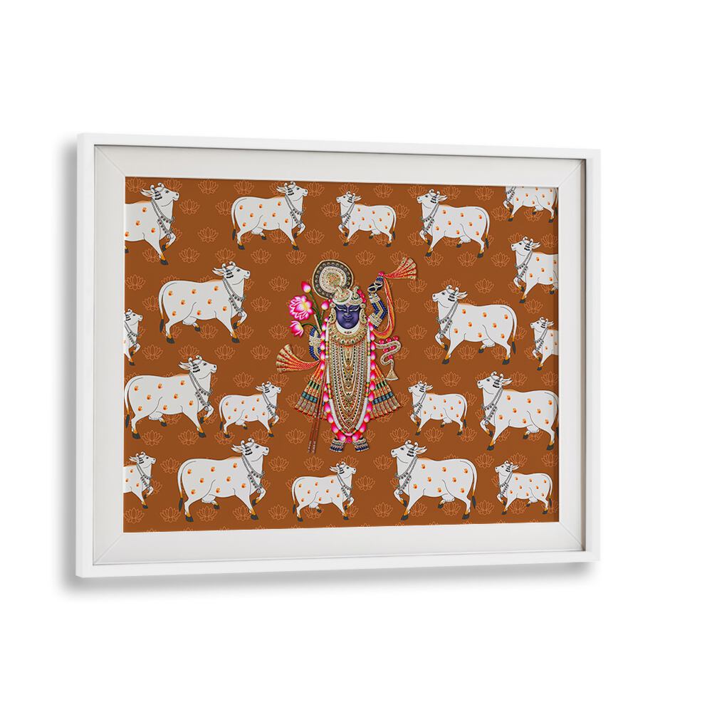 Shrinathji's Grace And Sacred Cow Indian Art Painting Artwork in White Frame With Mount