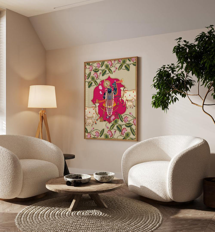 Shrinathji's Radiance Indian Art Painting Artwork in Oak Wood Plain Frame placed on a cream Colored Wall near white Sofa chairs in the living Room