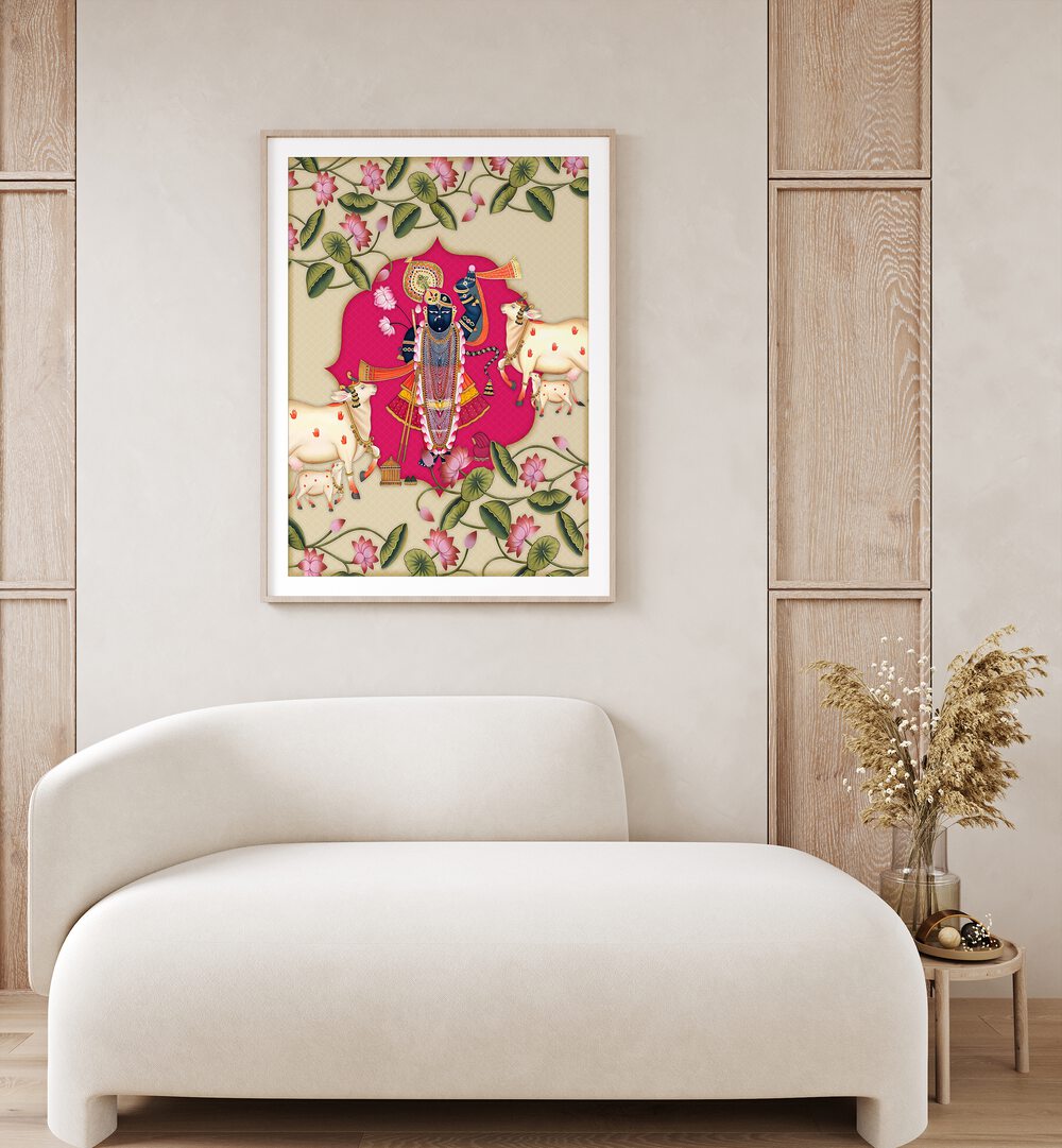 Shrinathji's Radiance Indian Art Painting Artwork in Oak Wood Frame With Mount placed on a Cream Colored Wall near a White Sofa in the Living Room