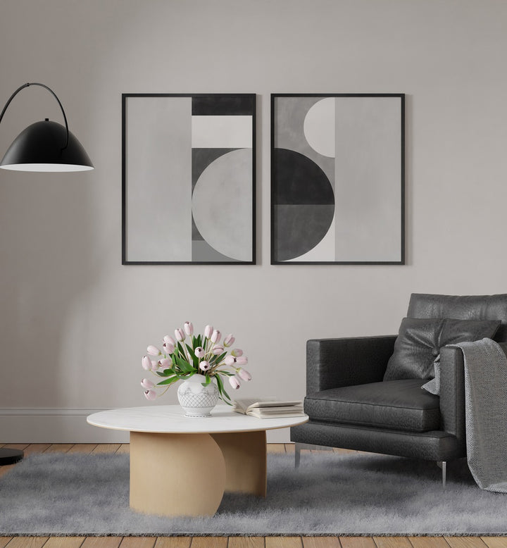Elegant SHUFFLING STEPS SET, SET OF 2 PAINTINGS enhances your living space with captivating geometric designs.