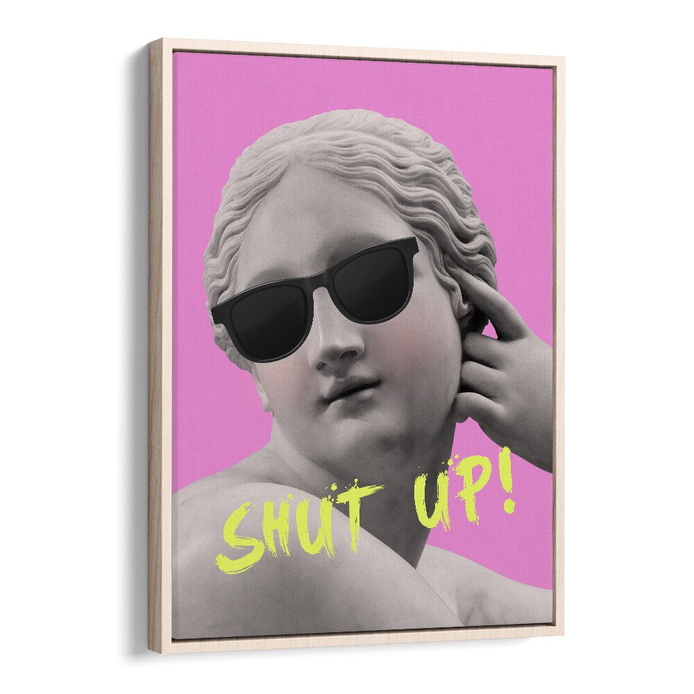 Shut Up Pink Yellow Pop Art Artwork in Oak Wood Floater Frame