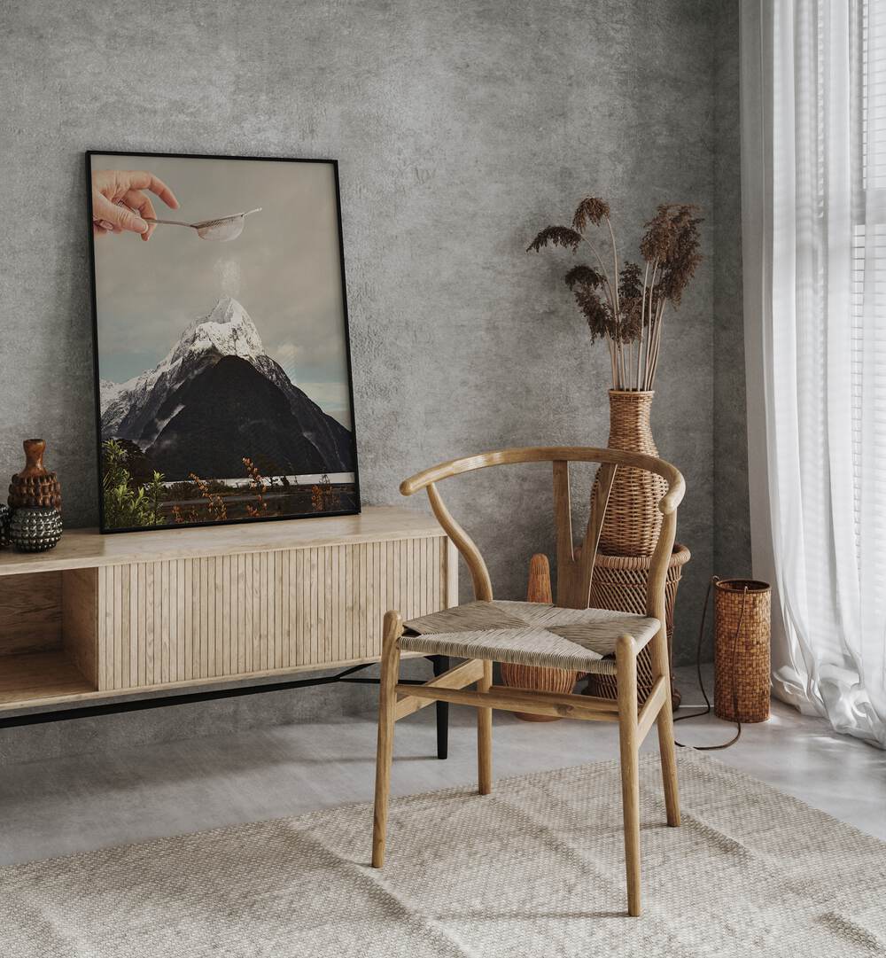 Sifted Summit M P Surreal Art Painting Artwork in plain black frame above a console table beside a showpiece