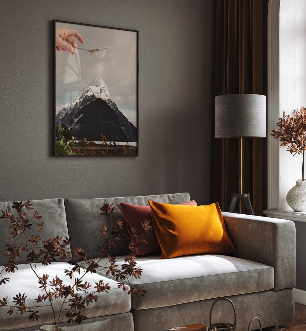 Sifted Summit M P Surreal Art Painting Artwork in plain black frame behind a sofa for living room