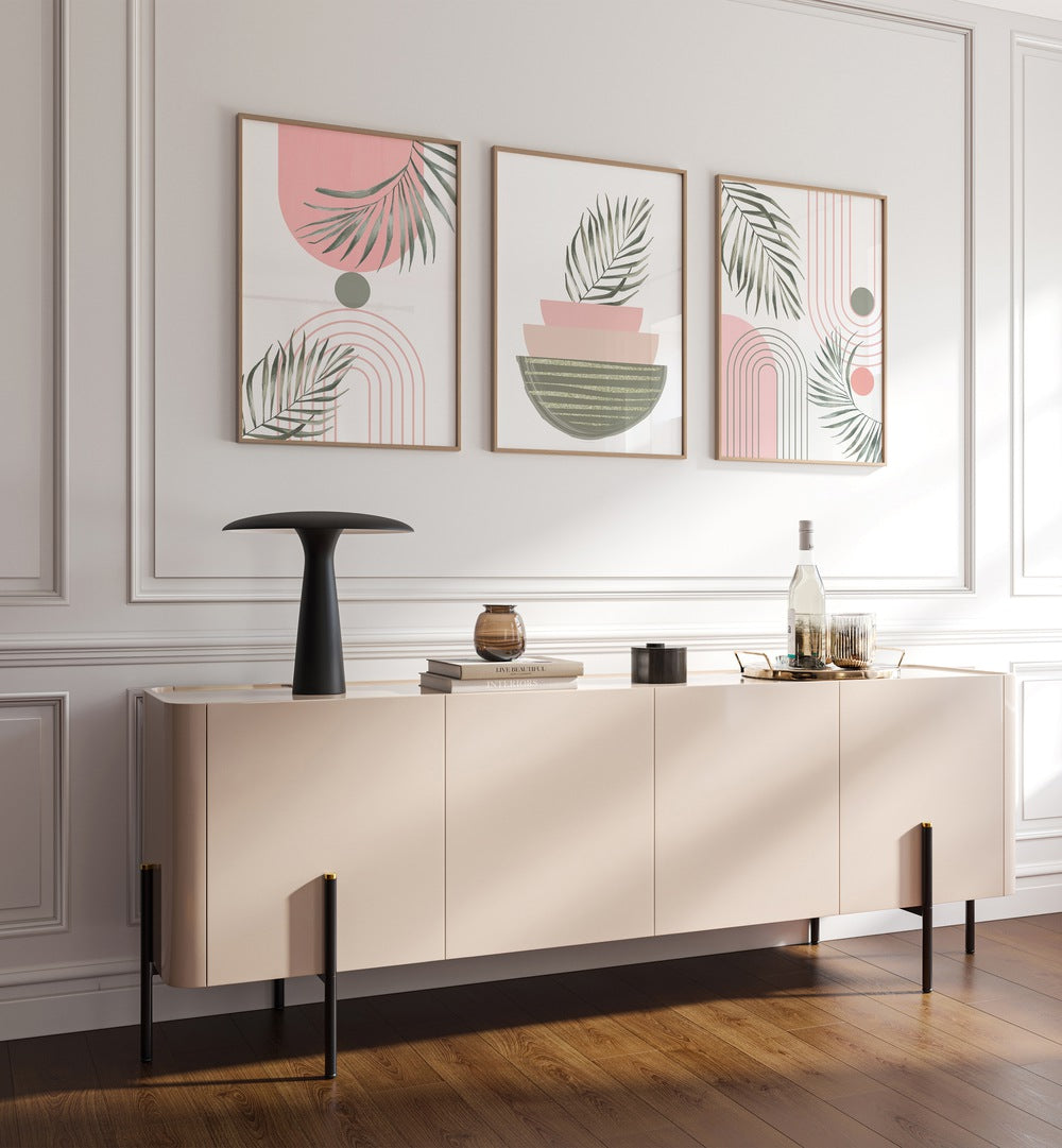 Elevate your decor with the SIMPLICITY IN PINK SET, SET OF 3 PAINTINGS, showcasing elegant designs in a chic setting.