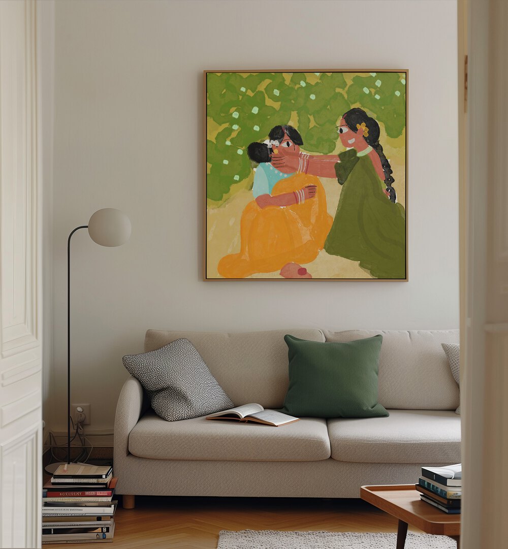 Sister's Bond By Shreya Roy Chowdary, Indian Art Paintings Artwork in Oak Wood Floater Frame placed on a Cream Colored Wall near a Beige Sofa in the Living Room