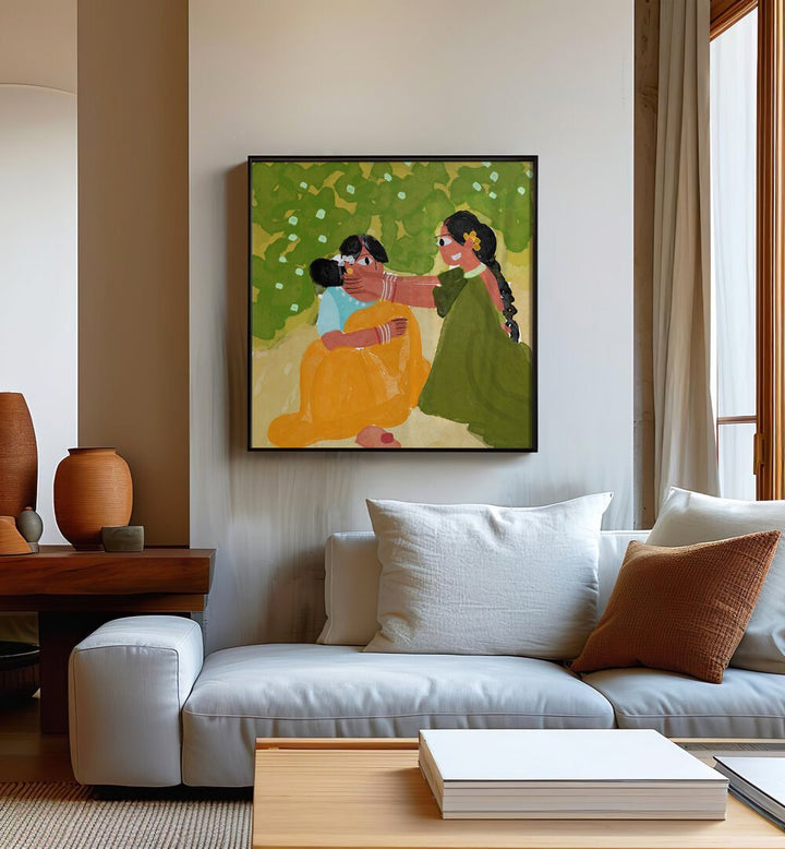 Sister's Bond By Shreya Roy Chowdary, Indian Art Paintings Artwork in Black Plain Frame placed on a Cream Colored Wall near a White  Sofa  in the Living Room