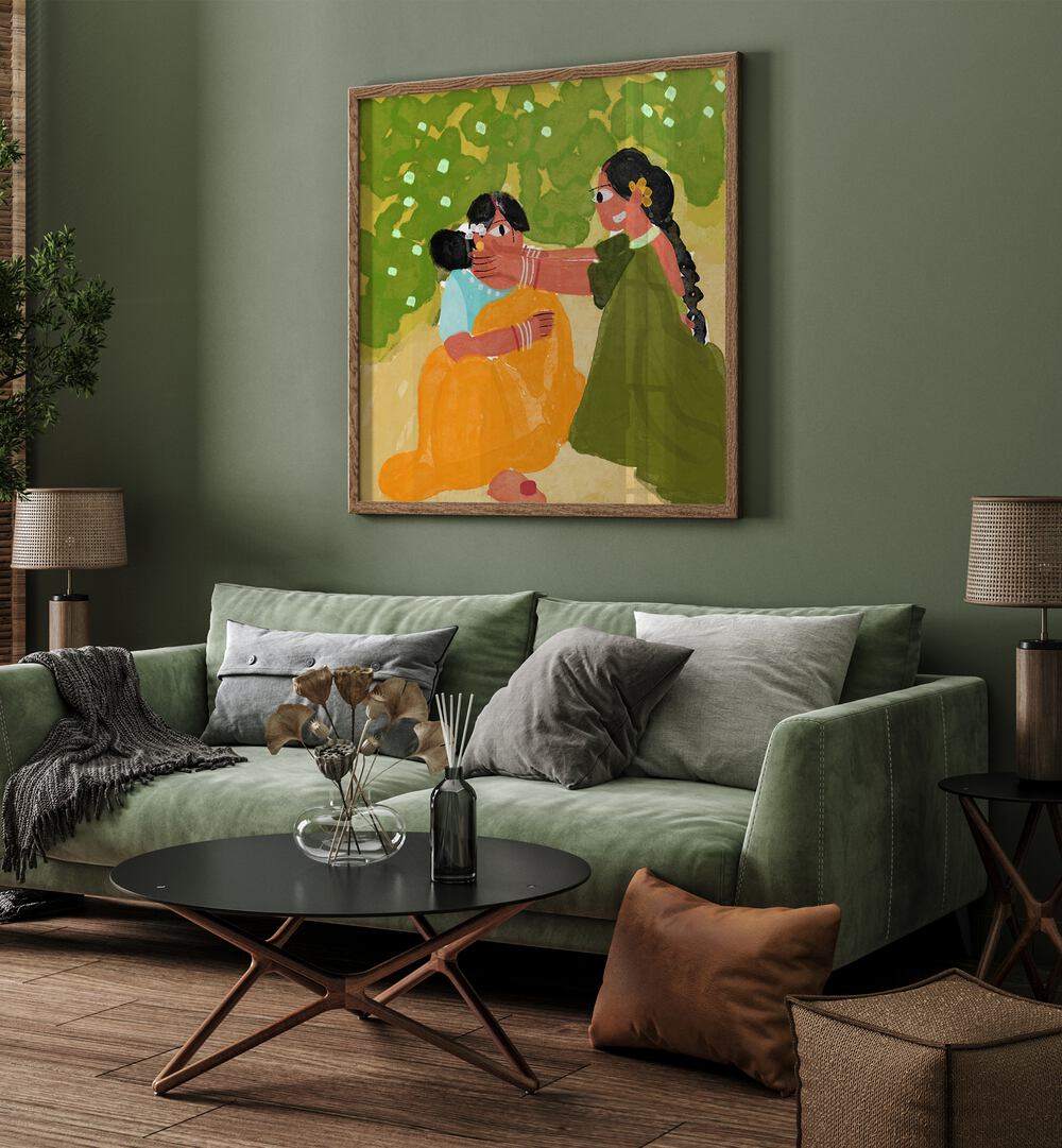 Sister's Bond By Shreya Roy Chowdary, Indian Art Paintings Artwork in Oak Wood Plain Frame placed on a Green Colored Wall near a Green Sofa in the Living Room