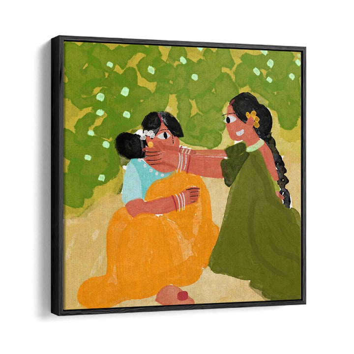 Sister's Bond By Shreya Roy Chowdary, Indian Art Paintings Artwork in Black Floater Frame
