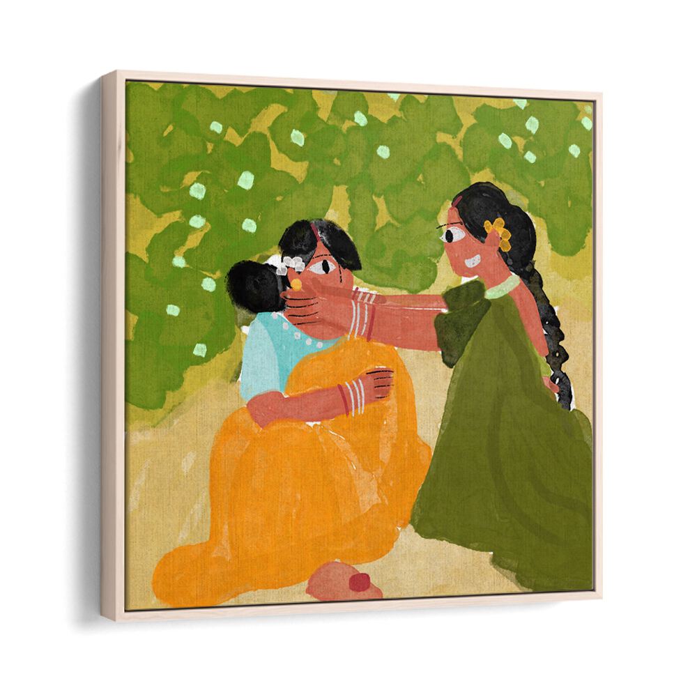 Sister's Bond By Shreya Roy Chowdary, Indian Art Paintings Artwork in Oak Wood Floater Frame
