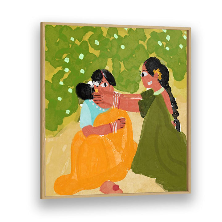 Sister's Bond By Shreya Roy Chowdary, Indian Art Paintings Artwork in Oak Wood Plain Frame
