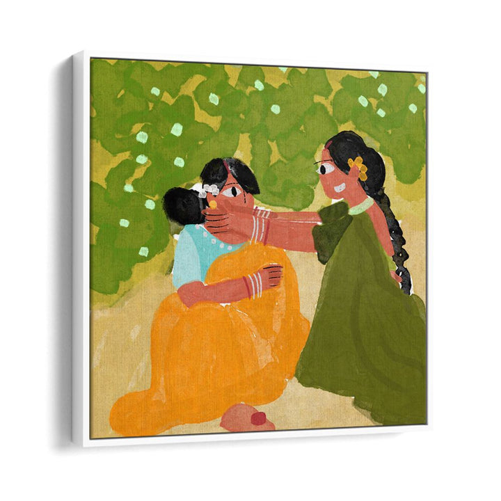 Sister's Bond By Shreya Roy Chowdary, Indian Art Paintings Artwork in White Floater Frame
