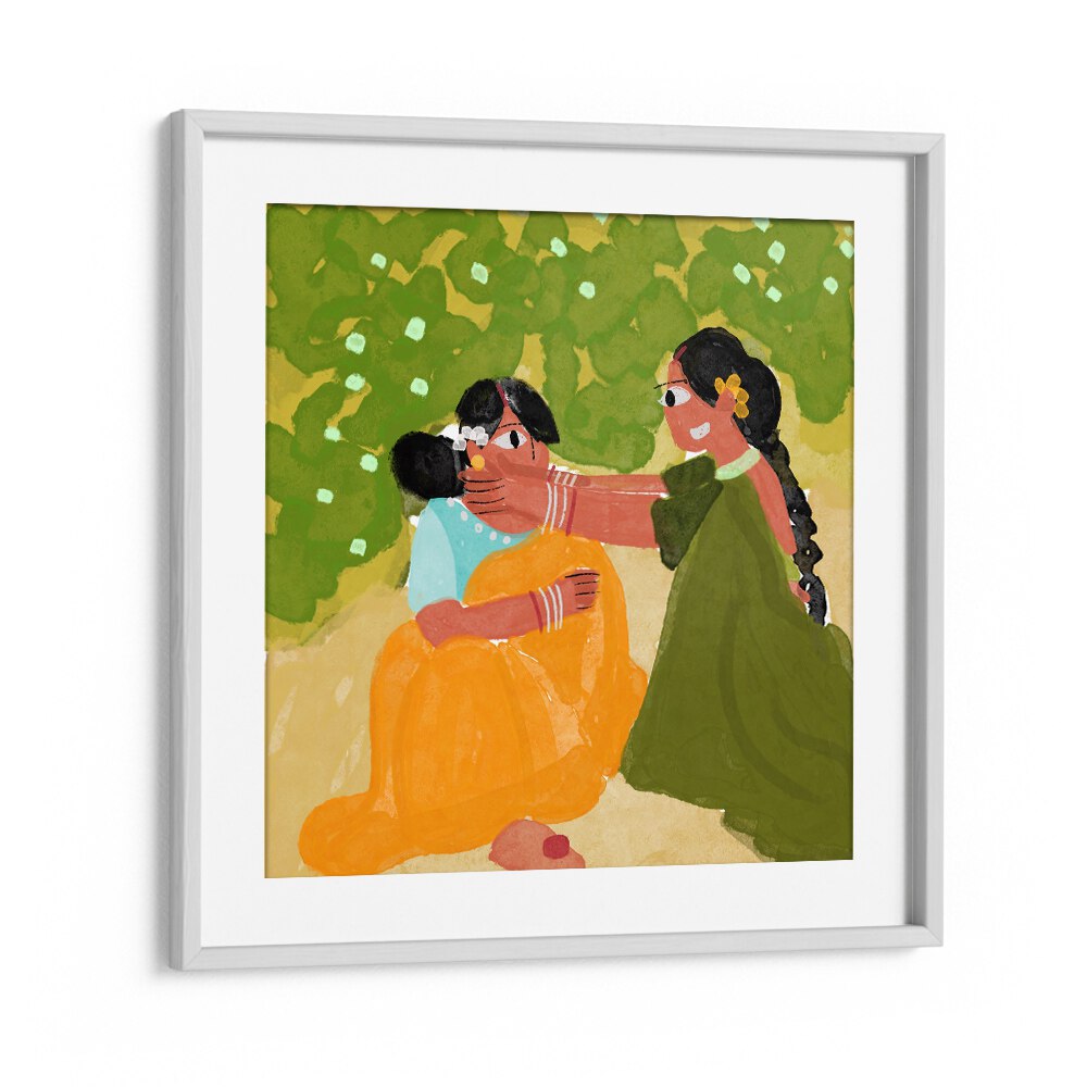 Sister's Bond By Shreya Roy Chowdary, Indian Art Paintings Artwork in White Frame With Mount
