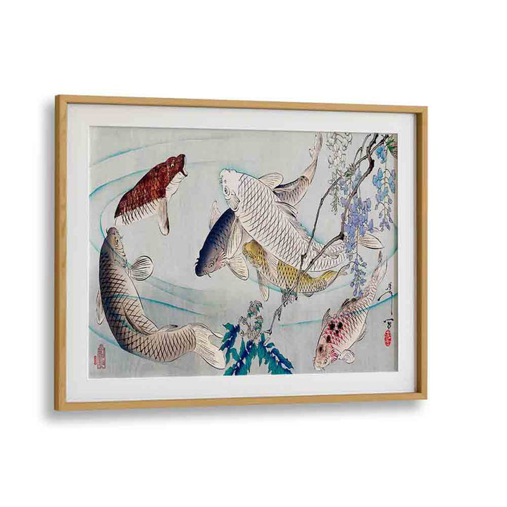 Six Carp Swimming Beneath Wisteria (1889) Japanese Art Artwork in Oak Wood Frame With Mount
