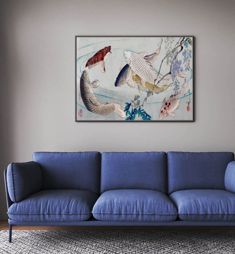 Six Carp Swimming Beneath Wisteria Artwork Placed on a wall In A Living Room 