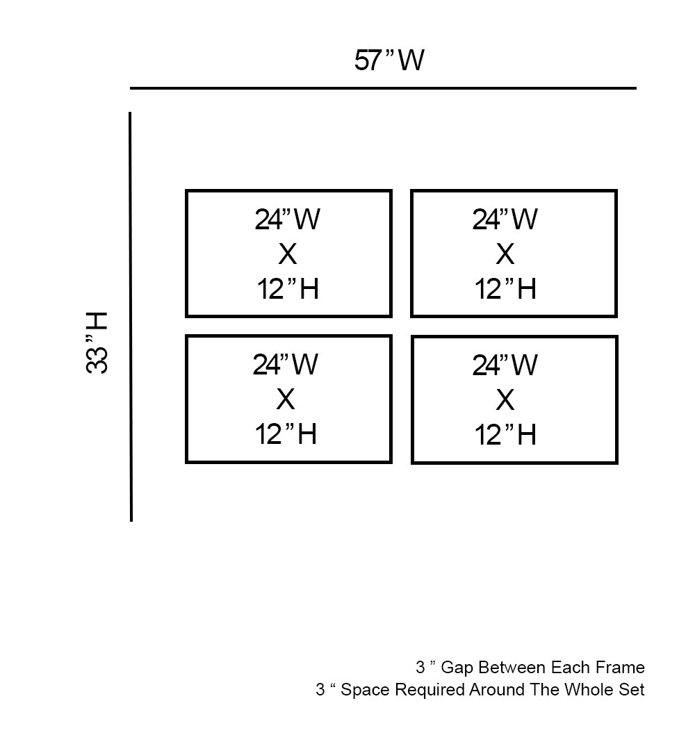 Diagram showing the layout of four rectangular frames with dimensions and spacing on a white background.