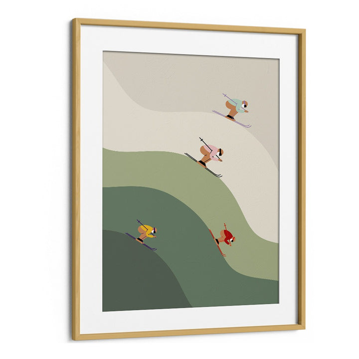 Ski Art Pro Green Mountains Sports Art Artwork in Oak Wood Frame With Mount