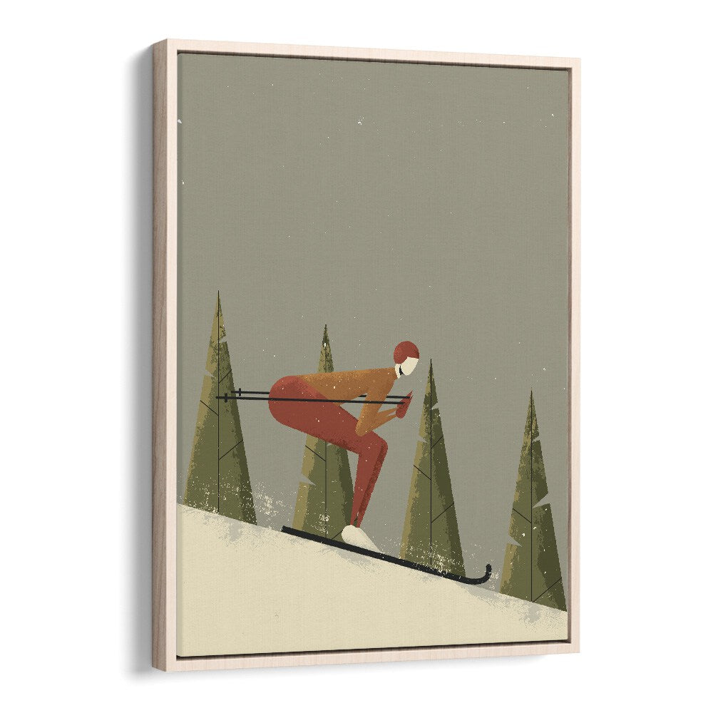 Skiing Sports Art Artwork in Oak Wood Floater Frame