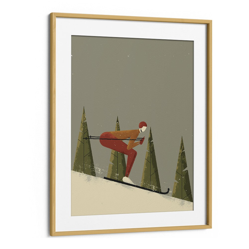 Skiing Sports Art Artwork in Oak Wood Frame With Mount