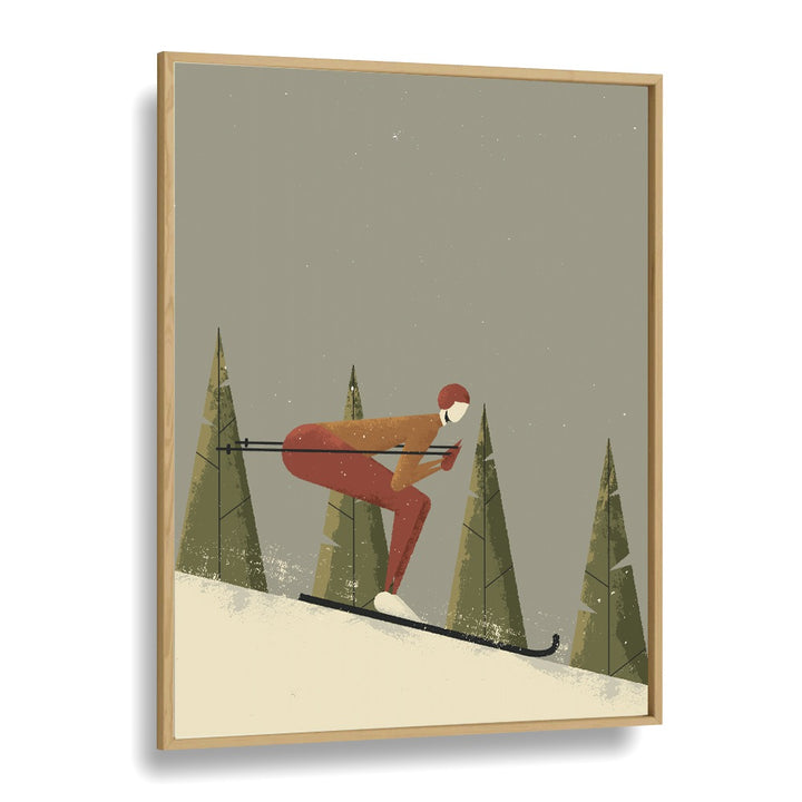 Skiing Sports Art Artwork in Oak Wood Plain Frame