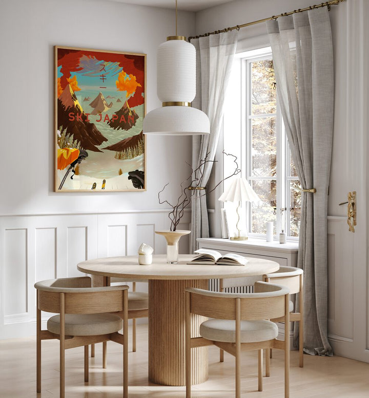 Colorful SKI JAPAN, JAPANESE PAINTINGS adorn a cozy dining space, capturing the thrill of Japan's winter sports.