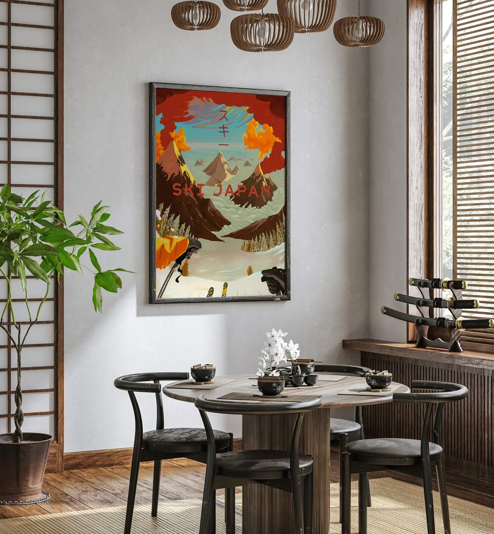 Stylish SKI JAPAN, JAPANESE PAINTINGS adorns a modern dining space, capturing the beauty of Japanese winter sports.