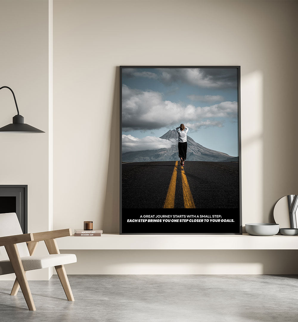 Small Steps , Quotes poster for home decor, featuring a person on a road toward mountains.