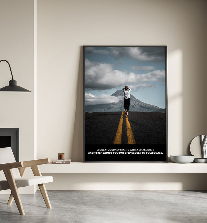 Small Steps , Quotes poster for home decor, featuring a person on a road toward mountains.