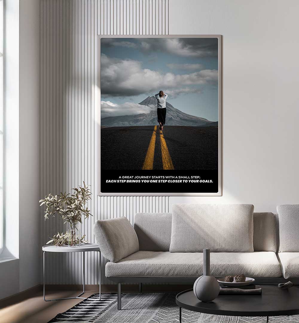 SMALL STEPS , QUOTES poster decor on wall in a modern living room with a couch and mountain backdrop.