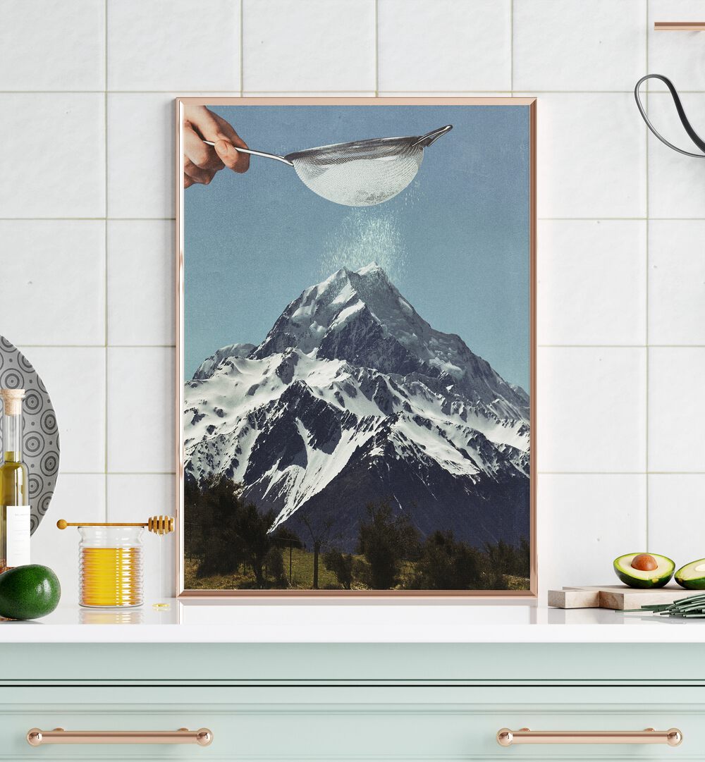 Snow Sugar On Mountain Peak Surreal Art Painting Artwork in plain oakwood frame on a kitchen counter for kitchen