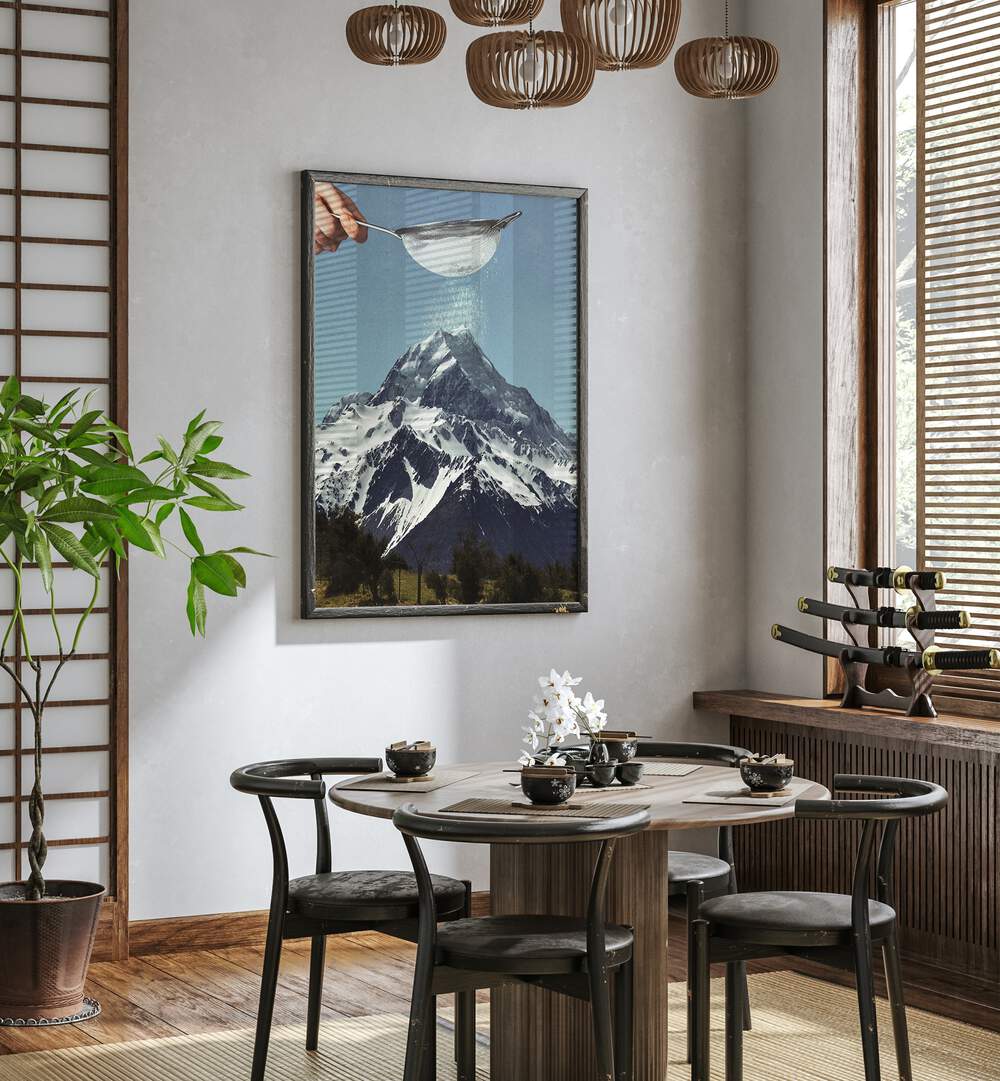 Snow Sugar On Mountain Peak Surreal Art Painting Artwork in plain black frame beside a window for dining area