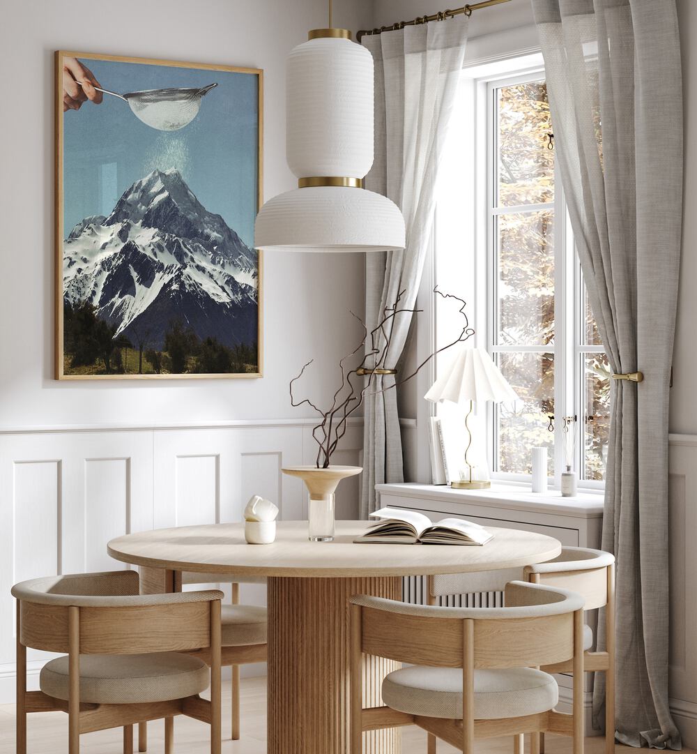 Snow Sugar On Mountain Peak Surreal Art Painting Artwork in plain oakwood frame beside a window for dining area