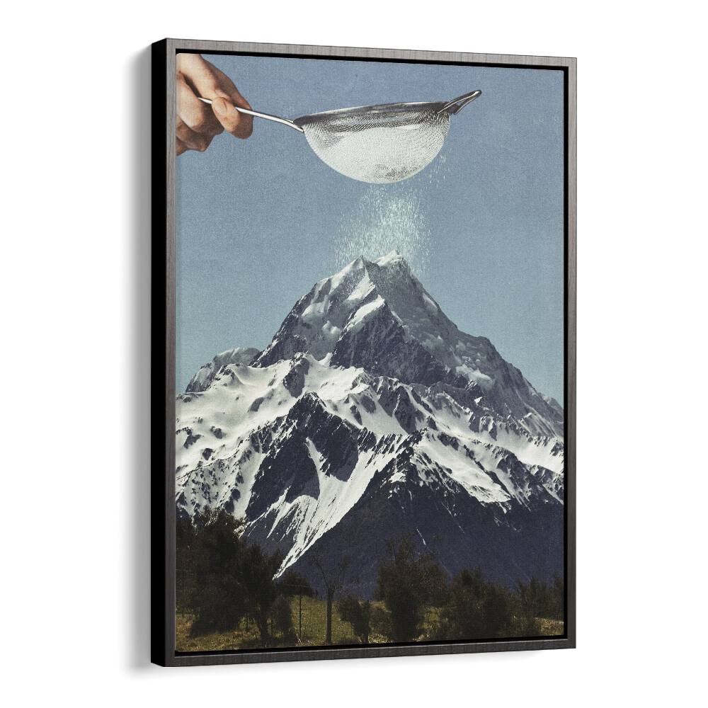 Snow Sugar On Mountain Peak Surreal Painting  Artwork  in Black Floater Frame