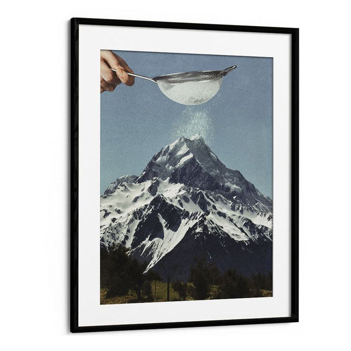 Snow Sugar On Mountain Peak   Surreal Painting  Artwork in Black Frame With Mount
