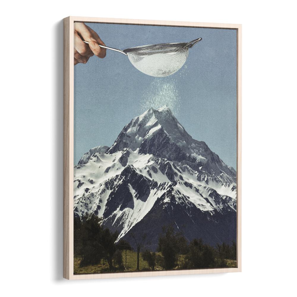 Snow Sugar On Mountain Peak  Surreal Painting  Artwork in Oak Wood Floater Frame
