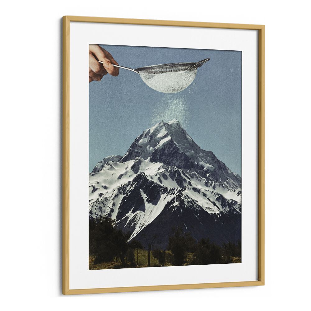 Snow Sugar On Mountain Peak  Surreal Painting  Artwork in Oak Wood Frame With Mount
