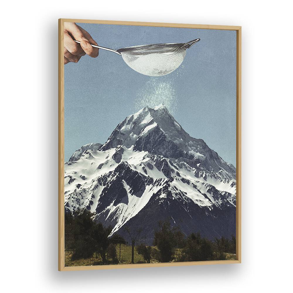 Snow Sugar On Mountain Peak Surreal Painting Artwork in Oak Wood Plain Frame