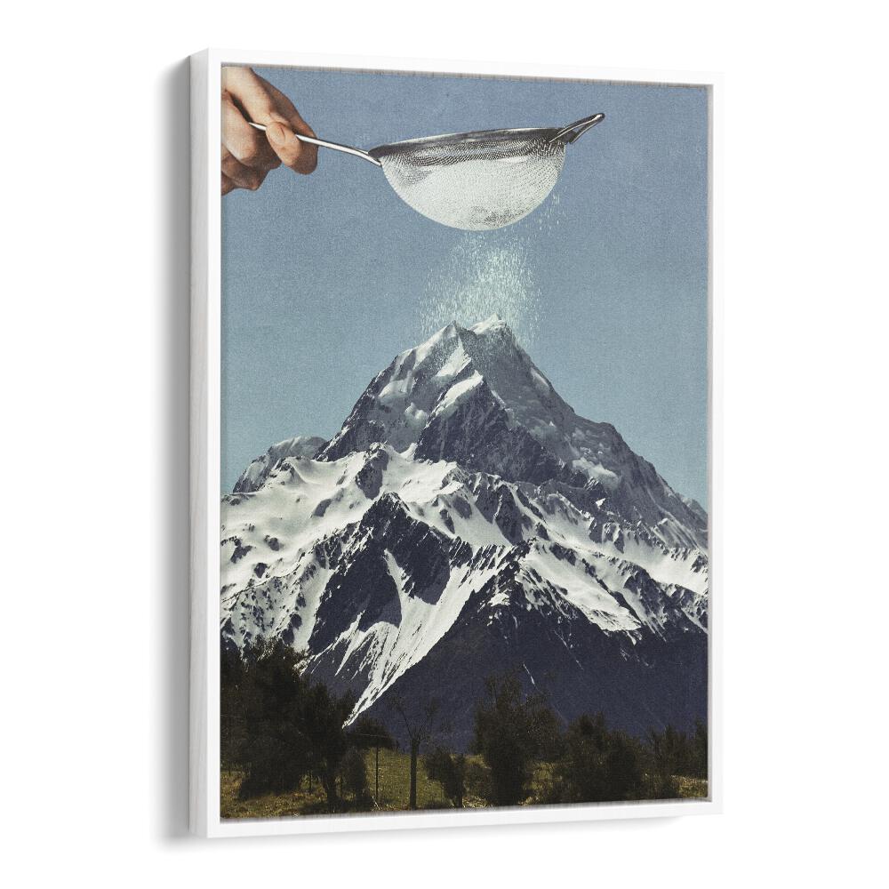 Snow Sugar On Mountain Peak  Surreal Painting Artwork  in White Floater Frame