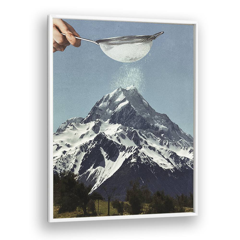 Snow Sugar On Mountain Peak Surreal Painting Artwork  in White Plain Frame
