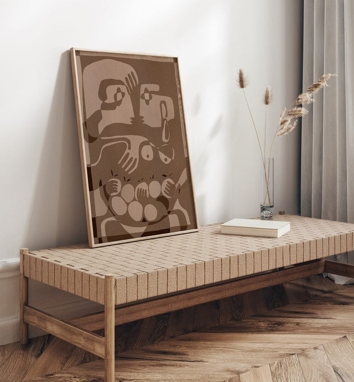 Elegant SOIL AND SPIRIT , PORTRAITS artwork displayed on a wooden bench, enhancing holistic wellness aesthetics.