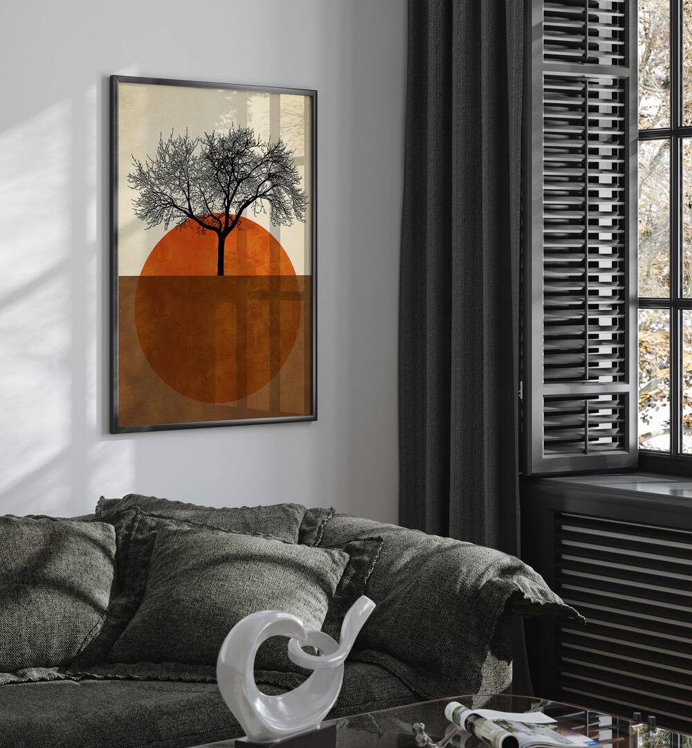 Sommermorgen Landscape Art Artwork in Black Plain Frame placed on a White Wall behind a Grey Sofa in the Living Room