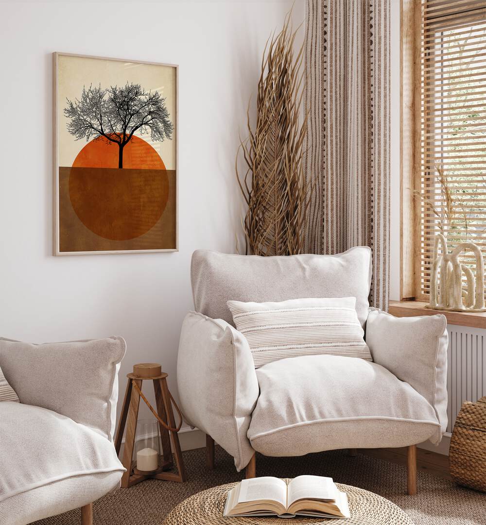 Sommermorgen Landscape Art Artwork in Oak Wood Plain Frame placed on a White wall near a pair of White Sofa Chairs in the Drawing Room