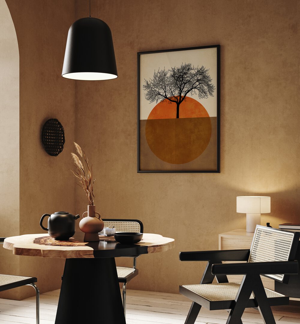 Sommermorgen Landscape Art Artwork in Black Plain Frame Placed on a Desert Brown Wall near a Wooden Coffee Table 