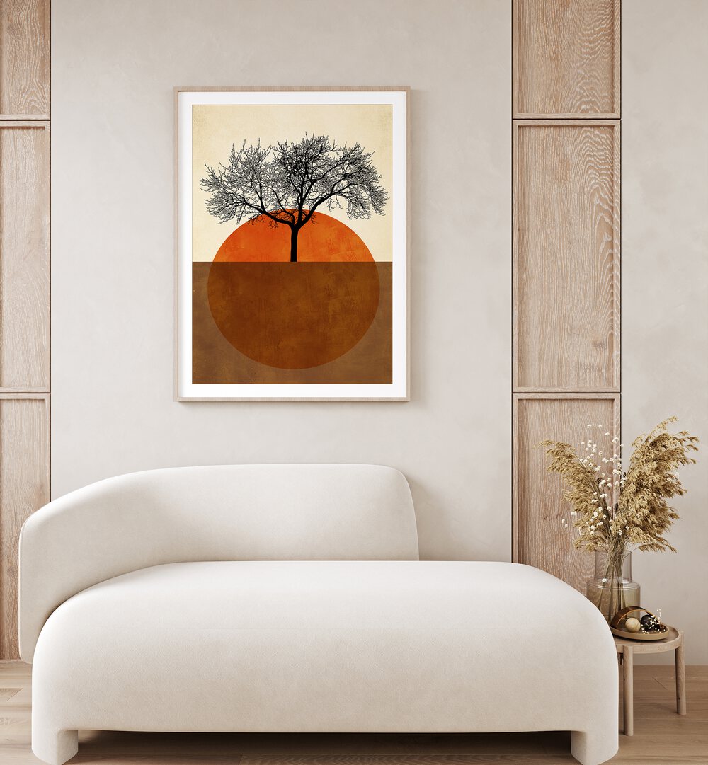 Sommermorgen Landscape Art Artwork in Oak Wood Frame With Mount Placed on a Cream Colored Wall Near a White Sofa in the Living Room