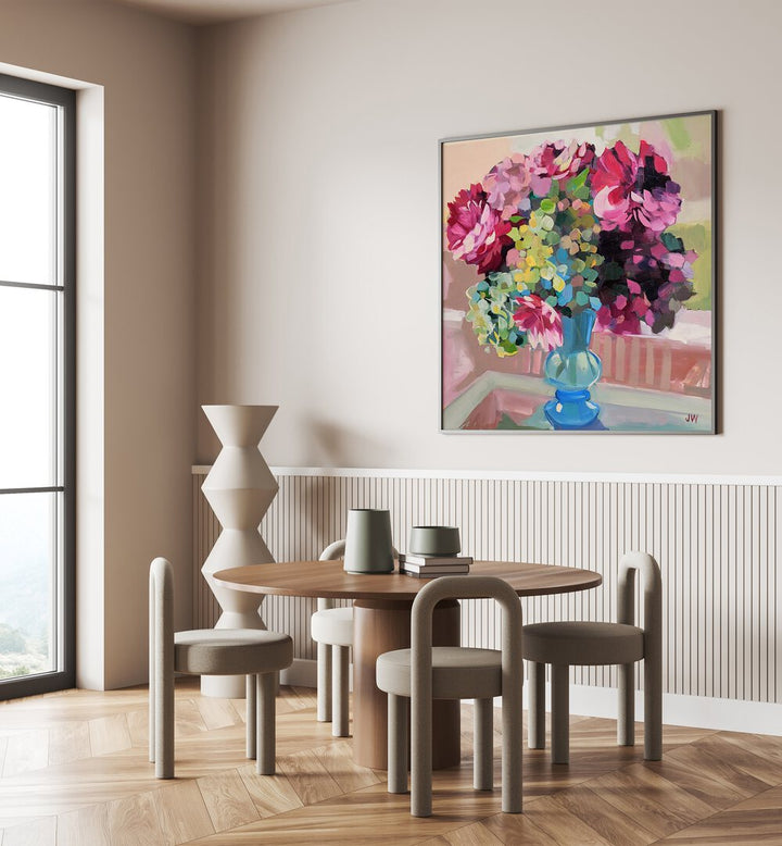 Bright abstract SOUTH CAROLINA, FLORAL FLOWER PAINTINGS displayed in a modern interior, enhancing vibrant decor.