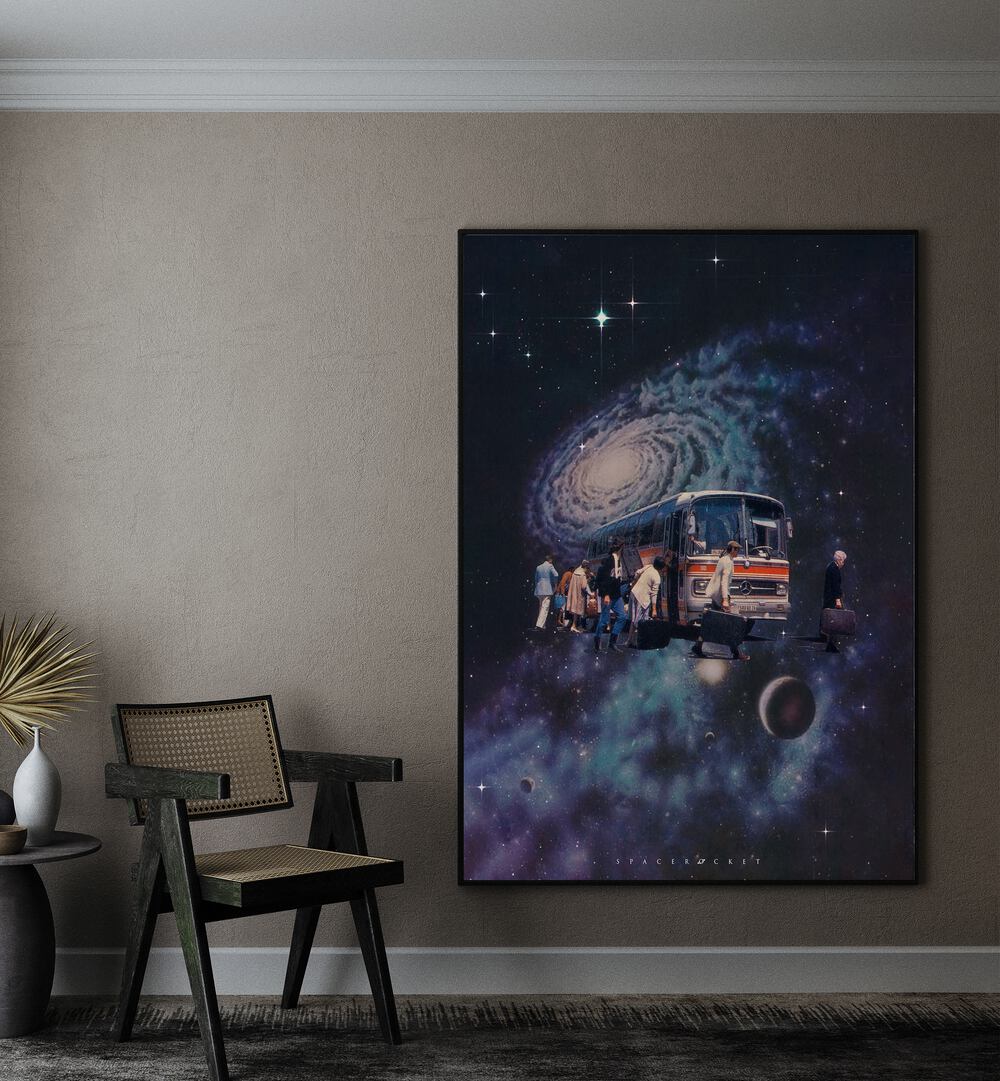 Space Bus Surreal Painting Artwork Placed on a wall In A Living Room 