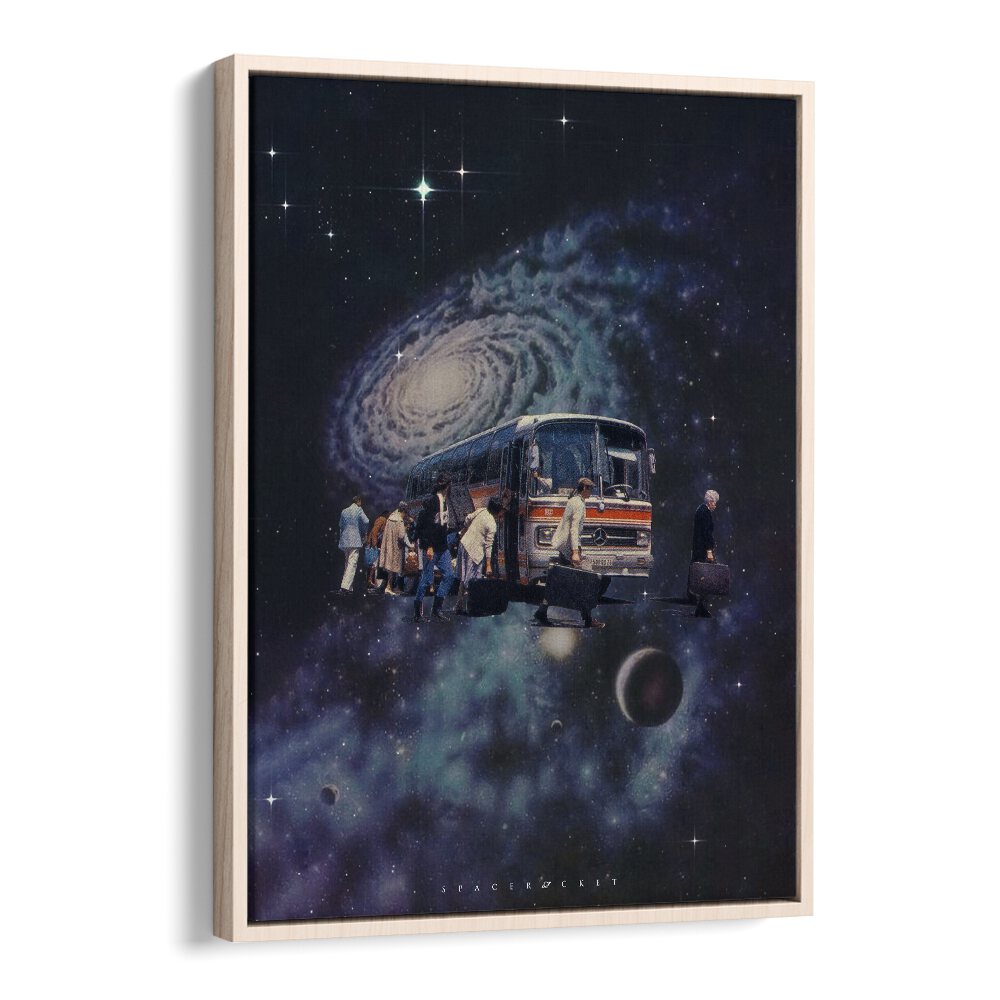 Space Bus Surreal Painting, Surreal Art Artwork in Oak Wood Floater Frame
