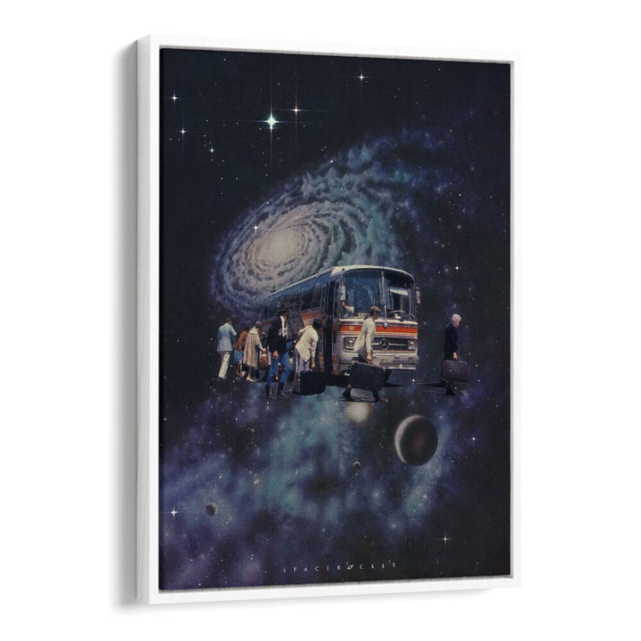 Space Bus Surreal Painting, Surreal Art Artwork in White Floater Frame
